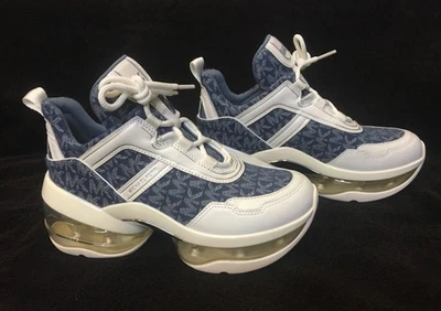 Michael Kors Olympia Extreme Denim Logo Jacquard Leather Trainer Womens Size 7.5 - Image 1 of 4