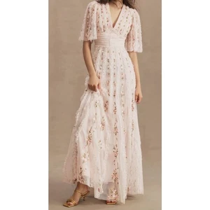 Mac Duggal Short-Sleeve Empire Waist Floral Ruffled V-Neck Gown Dress 8028 Sz 12 - Picture 1 of 11