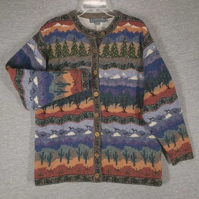 Suéter de diseño islandés para mujer mediano multicolor lana paisaje cárdigan tejido Foto 1 de 4