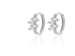 Silver Baguette Huggie Hoop Earrings stainless steel cubic zirconia Art Deco - Picture 1 of 1