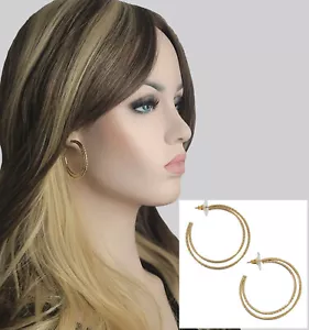 Gold Tone Textured Double Hoop Pierced Earrings Surgical Steel Posts 1 5/8" - Picture 1 of 6