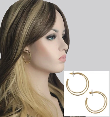 Gold Tone Textured Double Hoop Pierced Earrings Surgical Steel Posts 1 5/8" - Image 1 of 4