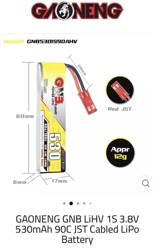 GNB GAONENG 1s 530mah 90/180c HV JST PHR Lipo Battery 5 Pieces - Image 1 of 3