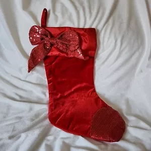 Red Sequin Bow Scroll Satin Christmas Holiday Stocking - Picture 1 of 3