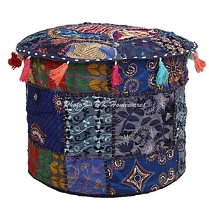 New Indian Patchwork Pouf Ottoman Foot Stool Round Cover Poof Floor Pillow 22 in - Picture 1 of 7