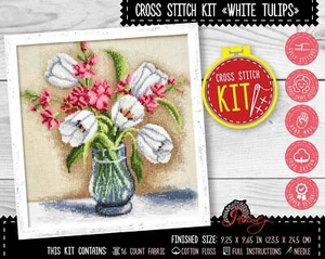 Bouquet cross stitch kit White Tulips Flowers embroidery kit Kitchen wall decor - Picture 1 of 10