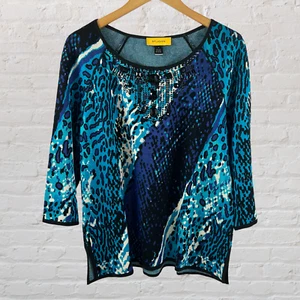 St. John Womens Size Medium Sweater Blue Animal Print Jewels 3/4 Sleeve - Picture 1 of 10