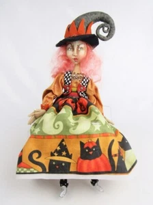 Christine Shively Artist Hand-Painted Cloth Halloween Cat Dress 11" Witch Doll - Picture 1 of 9