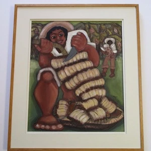 VINTAGE PAINTING WORKER FARMERS MODERNISM SOUTH AMERICAN SIGNED MYSTERY ARTIST - Picture 1 of 9