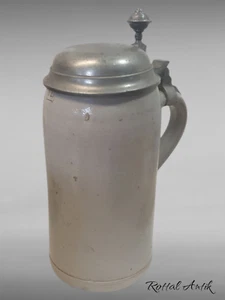 A1764 Antique Stone Pitcher BULK JUG WITH PEWTER LID Stammtisch Jug J.St. No 11 - Picture 1 of 5