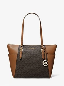Michael Kors 35T0GCFT3B Charlotte Large Logo And Leather Top-Zip Tote Bag Brown - Picture 1 of 10