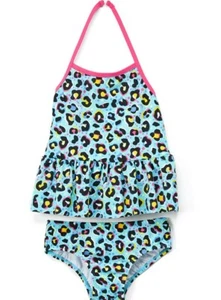 NWOT SIZE 7 KENSIE GIRLS 2 PIECE TANKINI RUFFLES SWIMSUIT SUIT TURQUOISE LEOPARD - Picture 1 of 4