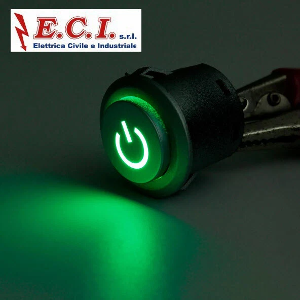 INTERRUTTORE A PULSANTE LUMINOSO VERDE ON-OFF DIAM.22mm 12V 10A  - Immagine 1 di 1