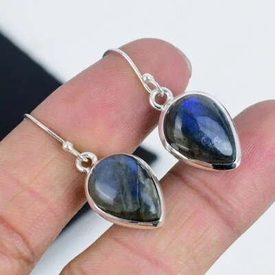 Natural Labradorite Gemstone Hook Earring 925 Sterling Silver Handmade Jewelry - Image 1 of 4