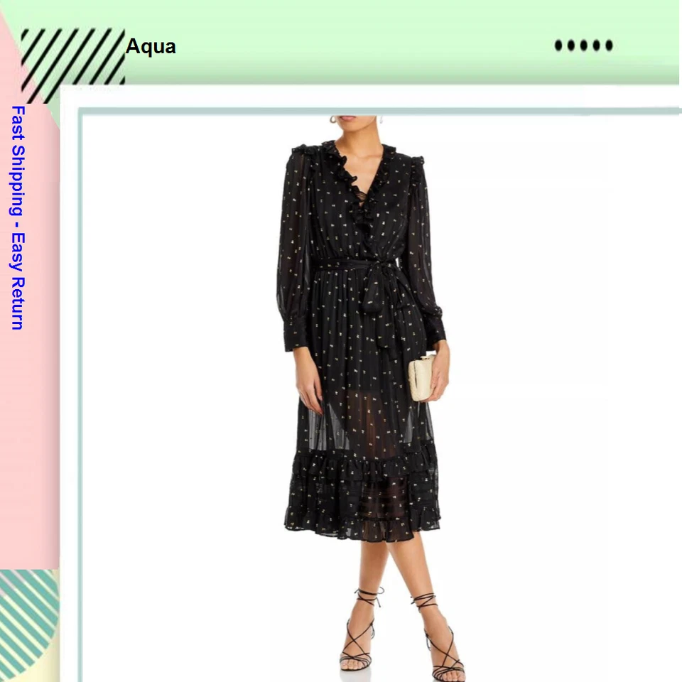 AQUA Ruffle Trim Clip Dot Midi Wrap Dress Women's XS Black/Gold Long Sleeve