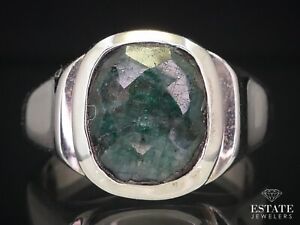 Sterling Silver Checkered Cut Natural 3ct Emerald Ladies Band Ring 6.6g Size-7