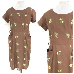 Vintage VTG 1940s 40s Brown Yellow Floral Embroidered Day Dress - Picture 1 of 5