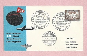 GREENLAND (VIA COPENHAGEN) 1954 - 1st FLT COVER (SAS) >LOS ANGELES- 1 Kr P/BEAR - Picture 1 of 1