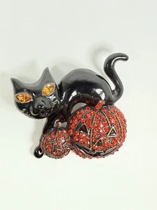 Heidi Daus emaillierte schwarze Katze mit Bernstein Strass Augen Kürbis Brosche 2,75"L - Bild 1 von 6