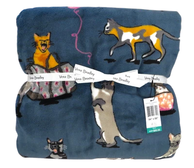 New Vera Bradley Cats Meow Blue Soft Plush Fleece Throw Blanket 94 x 66 OVERSIZE - Image 1 of 4