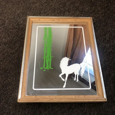 1970’s JOHN LEE Fairycore Unicorn w/ Trees PAINTED Framed Mirror 12" X 15" OAK - Image 1 of 4