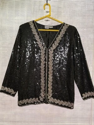 Vintage 80s 90s Jacket Chánna Beaded Sequin  Black Silk Geo Jewel M - Image 1 of 4