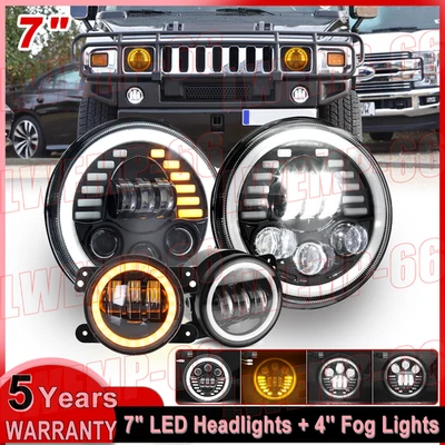 Пара 7-дюймовых светодиодных фар + комбинированный комплект противотуманных фар 4 дюйма для внедорожника Hummer H1 H2 H3 06-10 - Изображение 1 из 4