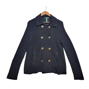 Lauren Ralph Lauren Size Large Peacoat Style Heavy Knit Sweater Linen Black Gold - Picture 1 of 4