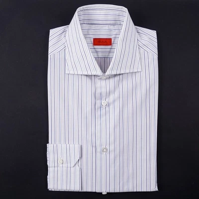 Camisa de vestir Isaia a medida 'Mix' gris-azul a rayas de algodón 17 (UE 43) NUEVA CON ETIQUETAS Foto 1 de 4