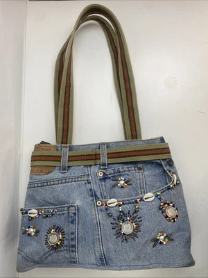 VTG Levis Denim Jeans Purse Hand & Heart W Belt Hippie tote Bag Shells Coins - Image 1 of 4