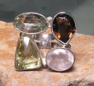 Sterling silver cocktail cut rose quartz/mix stones ring UK Q½-¾/US 8.5-8.75 - Picture 1 of 7