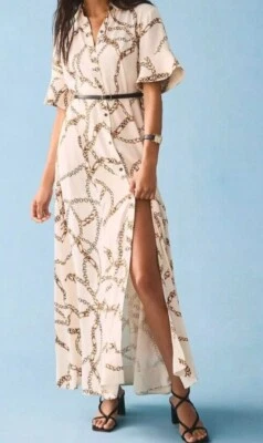 Maeve By Anthropologie Cream Chain Printed Full Shirt Dress UK XS - Image 1 of 4