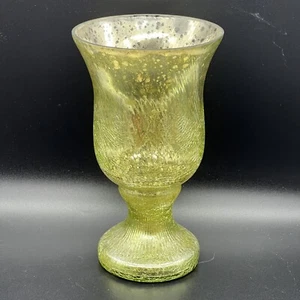 Christmas Holiday gold/green Crackle Glass Candle Holder 9" x 5.3" Made in India - Picture 1 of 6