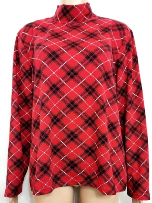 KAREN SCOTT Blouse Size XL Red & Black Plaid Print Turtleneck Long Sleeve Tee - Image 1 of 4