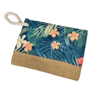 NEW Tropical Keep-All Canvas Wristlet Bag Jute Floral Aloha Make-Up Toiletry 