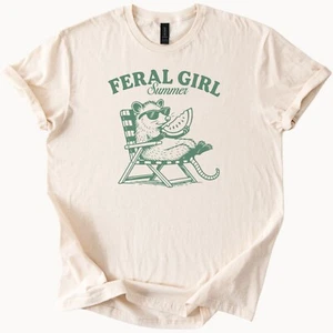 Opossum Summer T-Shirt Feral Girl Watermelon Beach Graphic Tee - Picture 1 of 6