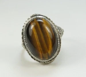 Antique A & S 1920's Tiger's Eye 13K White Gold Filigree Ring Size 7 UK-N1/2 - Picture 1 of 15