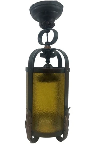 Antique Victorian c1885 Copper Pendant Light Original Amber Glass Shade Restored Cover