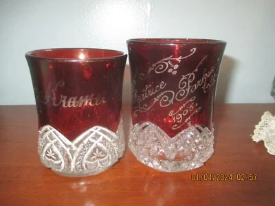 2 ANTIQUE RUBY RED FLASHED GLASS SOUVENIR CUP & GLASS 1900’s ETCHED - Image 1 of 4