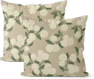 "Beige Spring Pillow Covers – 18x18” Set of 2, Khaki Green Hydrangea Floral Deco - Picture 1 of 12