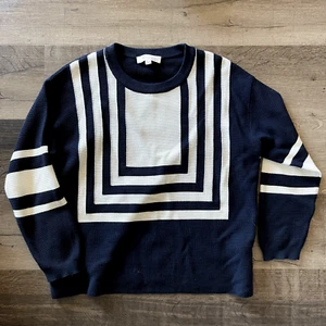 Two By Vince Camuto Sweater Textured Round Neck Blue & White Geometric Women’s S - Bild 1 von 3