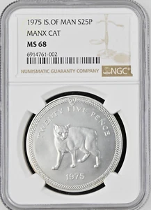 1975 Isle Of Man Manx Cat Silver 25 Pence S25P KM# 31a NGC MS68 Top Pop Finest - Picture 1 of 3