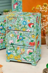 Schmucktruhe Holz handbemalt hellblau Regenbogen Blumen 3 Schubladen Design - Bild 1 von 5