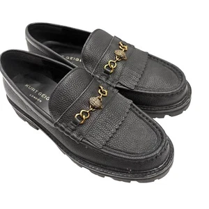 Kurt Geiger Leather Carnaby Chunky Loafers Black Gold Buckle Fringe SZ 38.5 - Picture 1 of 10