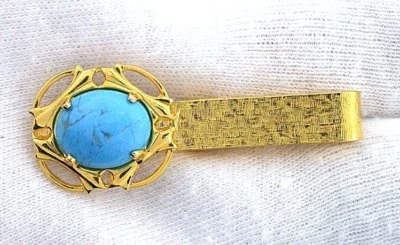 1 2/3 INCH 12x10 OVAL SYNTHETIC TURQUOISE CAB GEMSTONE TIE CLIP TIE BAR EPTT349 - Image 1 of 2