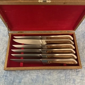 Set 6 coltelli da bistecca in acciaio inox manico marrone vintage - Foto 1 di 5