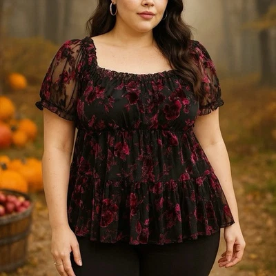 Top Babydoll Torrid 3X Negro Rosa Terciopelo Burnout Niveles Whimsigoth Fairycore Foto 1 de 4
