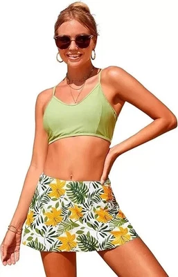 Women Swimwear Bikini Set Green Top with Floral Swim Skirt Two Piece Size L - Image 1 of 4