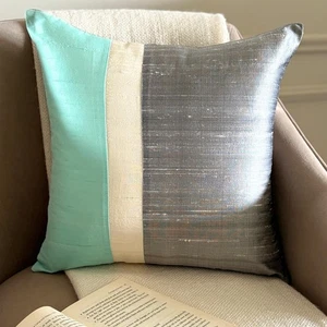 Pillow Case Green 16"x16", Couch Decor Silk Patchwork - Splendour Sea Green - Picture 1 of 10