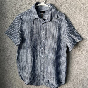 Quince Shirt Mens Large Blue Striped European Linen Relaxed Short Sleeve Preppy - Picture 1 of 13